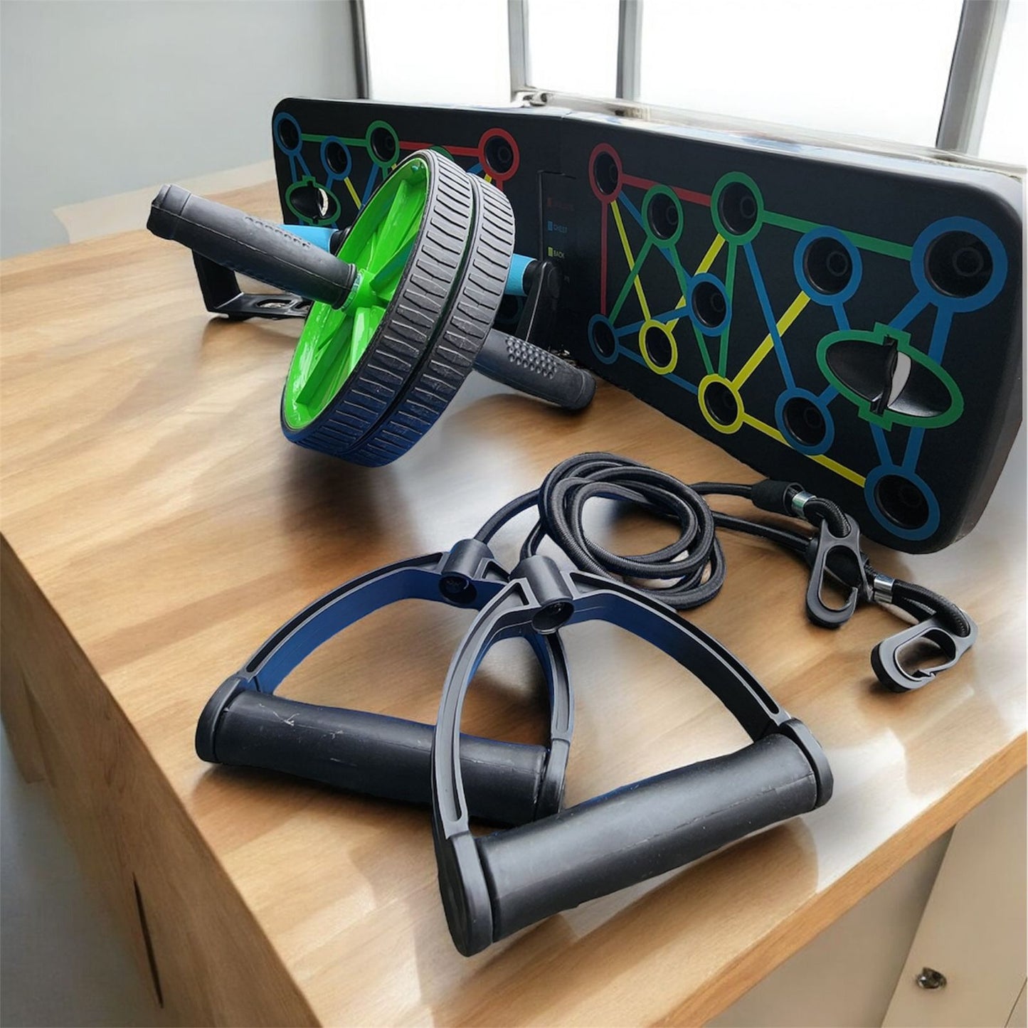 Tabla push up + Elásticos + Rueda abdominal